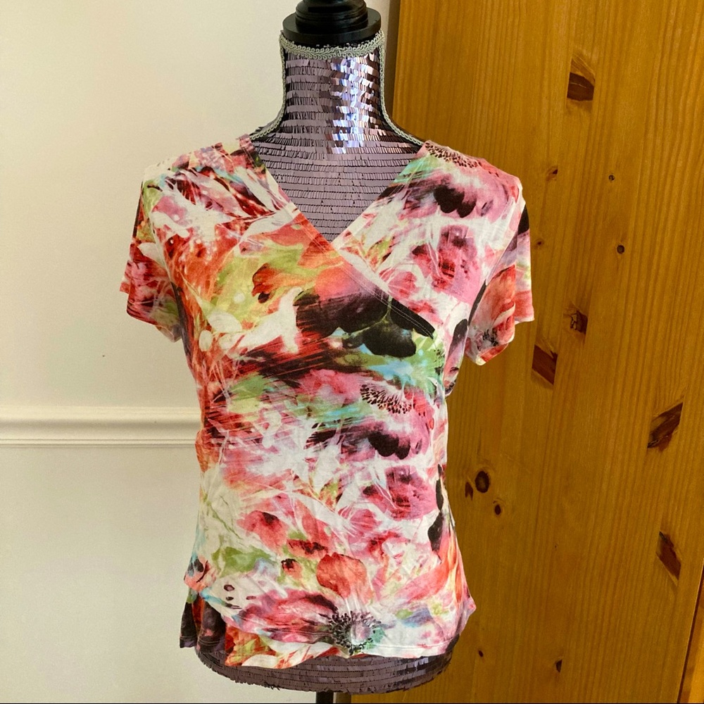 Coldwater Creek Floral Watercolor Faux-Wrap Top